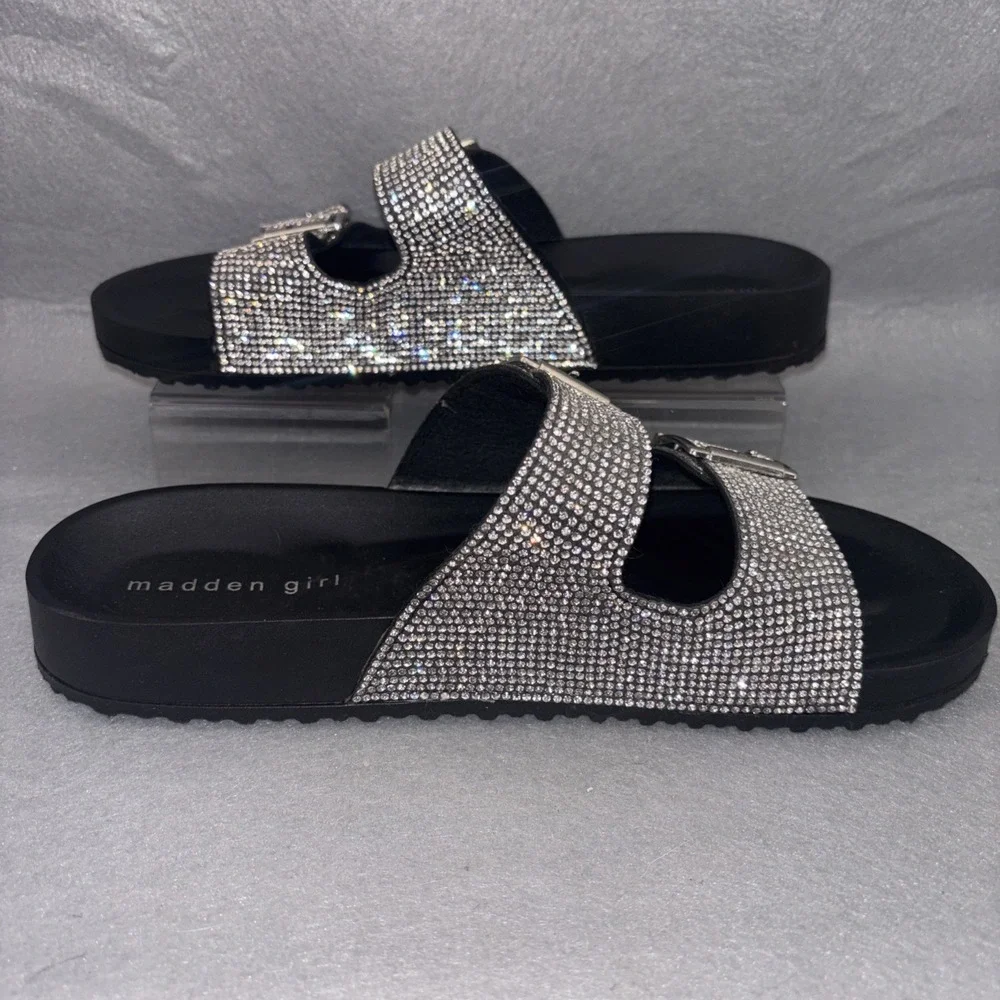 Madden Girl Women's Teddy-R Rhinestone and Black Footbed Sandals, Size 9 NWOB
